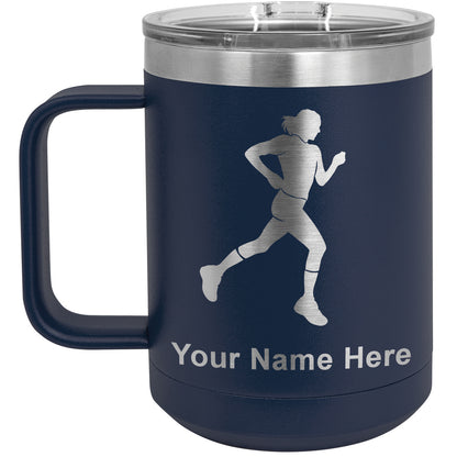 15oz Vacuum Insulated Coffee Mug, Running Woman, Personalized Engraving Included