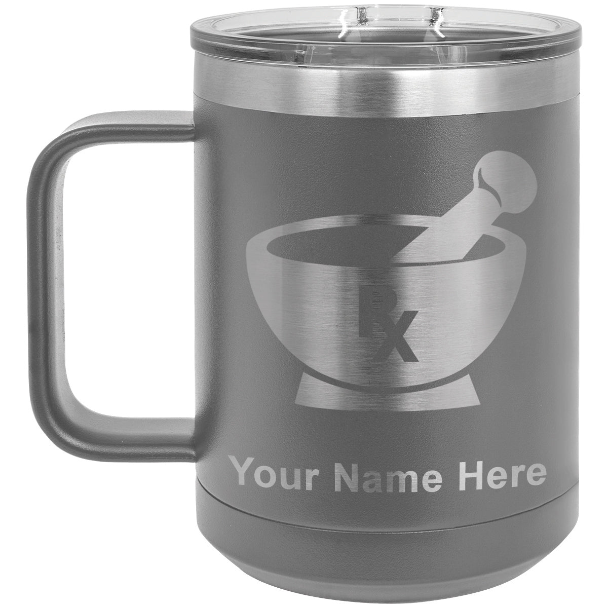 15oz Vacuum Insulated Coffee Mug, Rx Pharmacy Symbol, Personalized Engraving Included