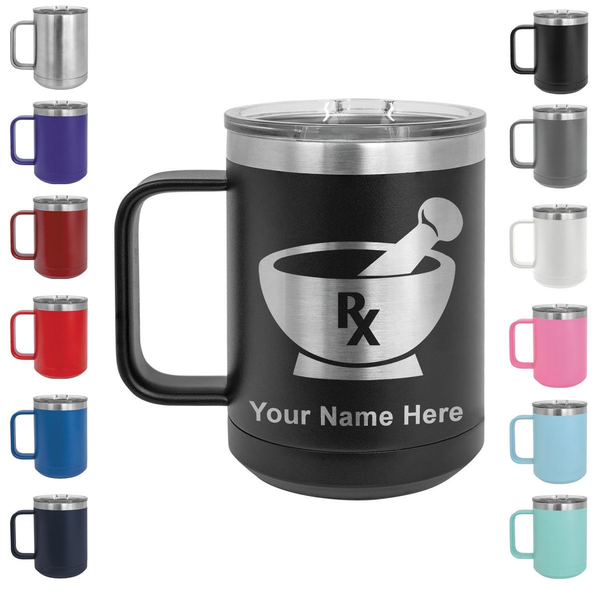 15oz Vacuum Insulated Coffee Mug, Rx Pharmacy Symbol, Personalized Engraving Included