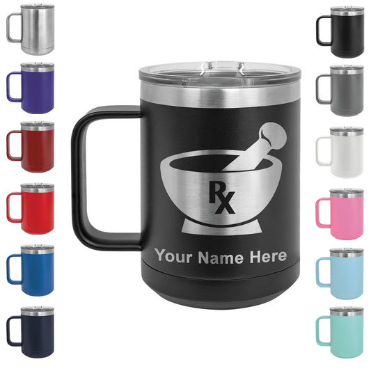 15oz Vacuum Insulated Coffee Mug, Rx Pharmacy Symbol, Personalized Engraving Included