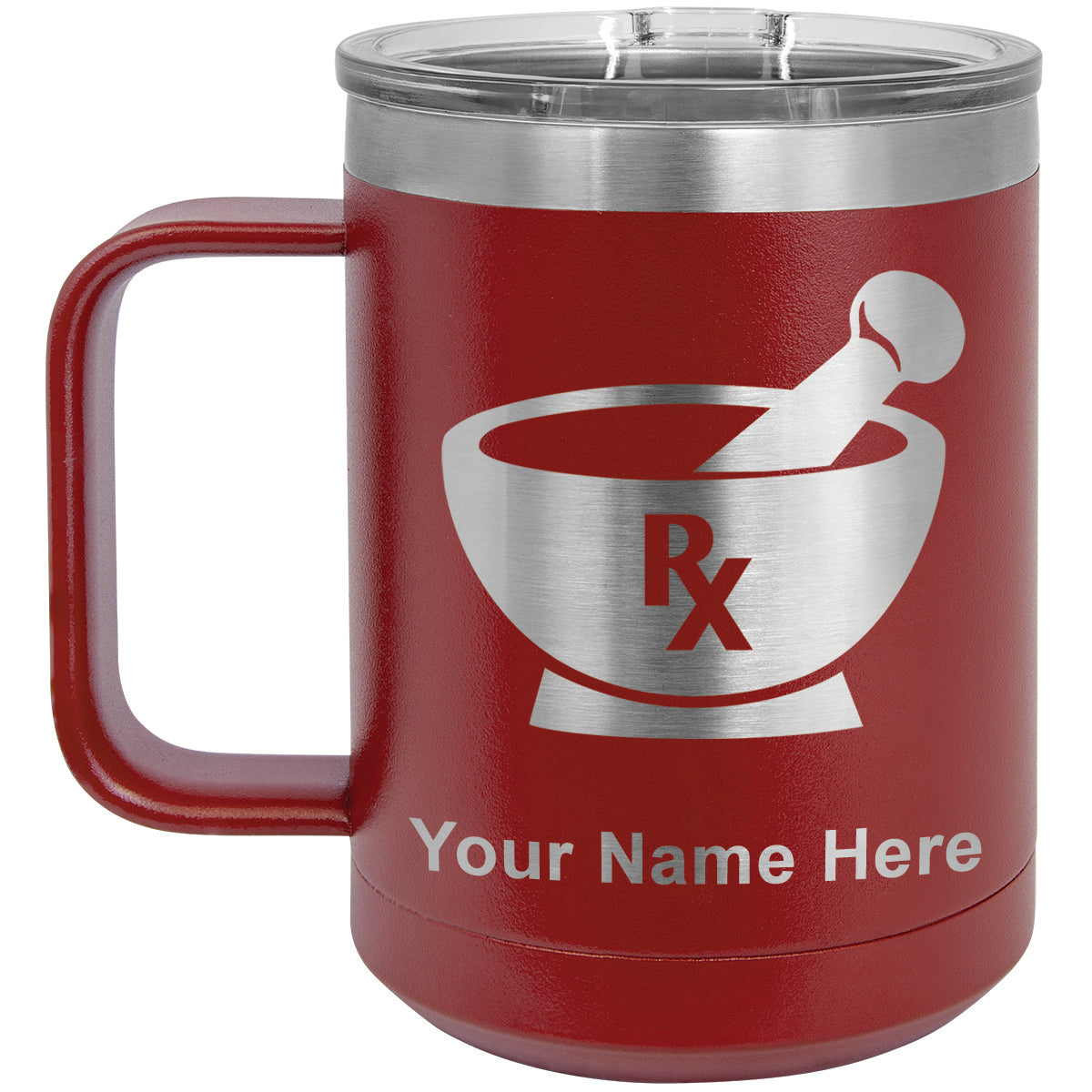 15oz Vacuum Insulated Coffee Mug, Rx Pharmacy Symbol, Personalized Engraving Included