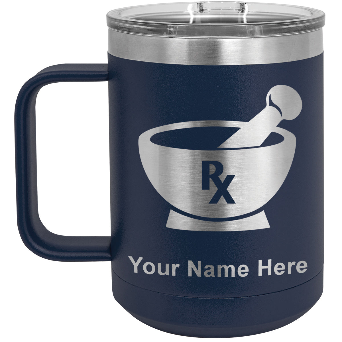 15oz Vacuum Insulated Coffee Mug, Rx Pharmacy Symbol, Personalized Engraving Included