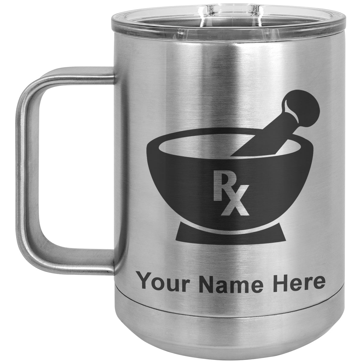 15oz Vacuum Insulated Coffee Mug, Rx Pharmacy Symbol, Personalized Engraving Included