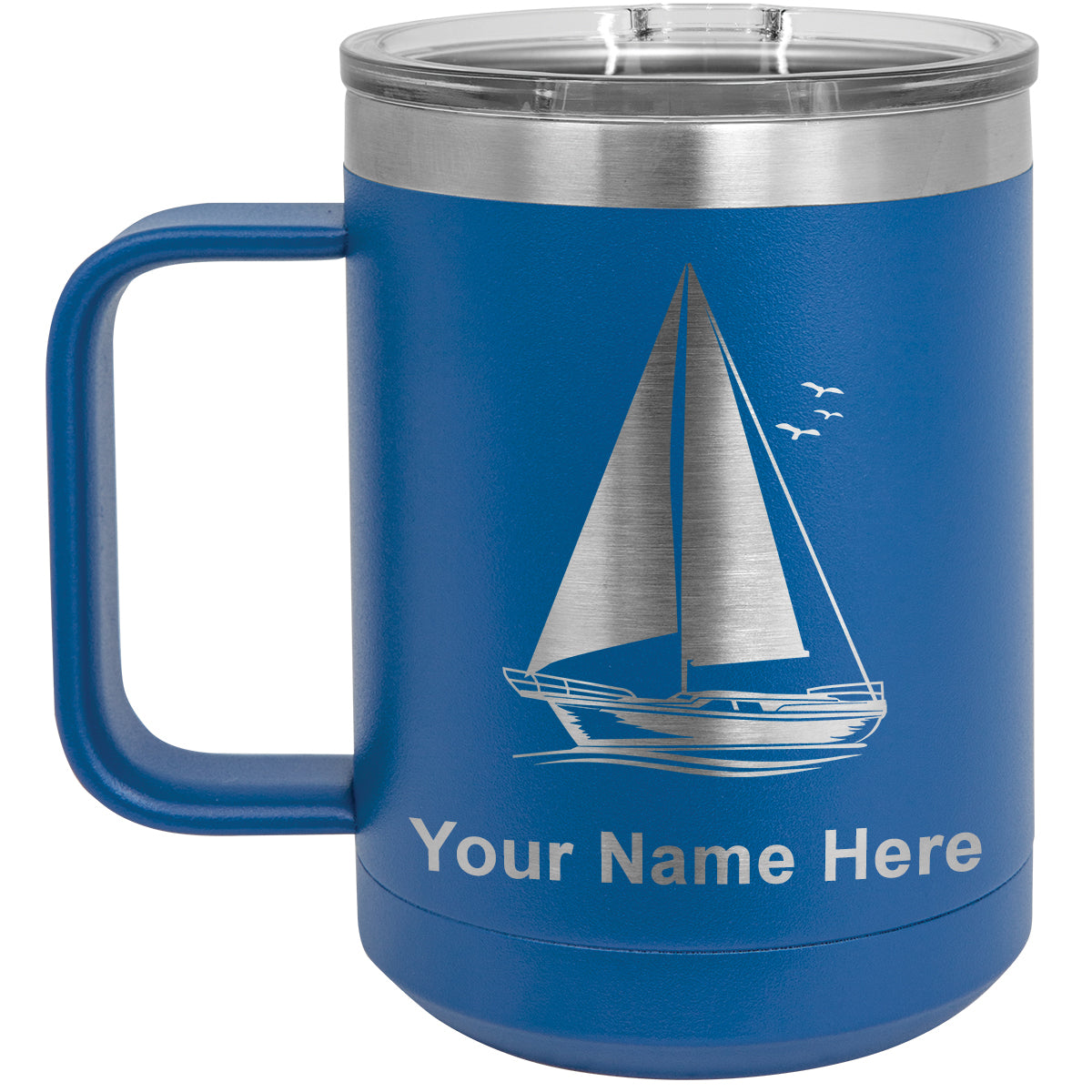 15oz Vacuum Insulated Coffee Mug, Sailboat, Personalized Engraving Included