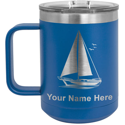 15oz Vacuum Insulated Coffee Mug, Sailboat, Personalized Engraving Included