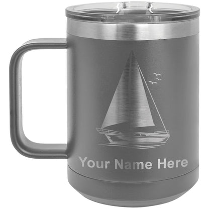 15oz Vacuum Insulated Coffee Mug, Sailboat, Personalized Engraving Included