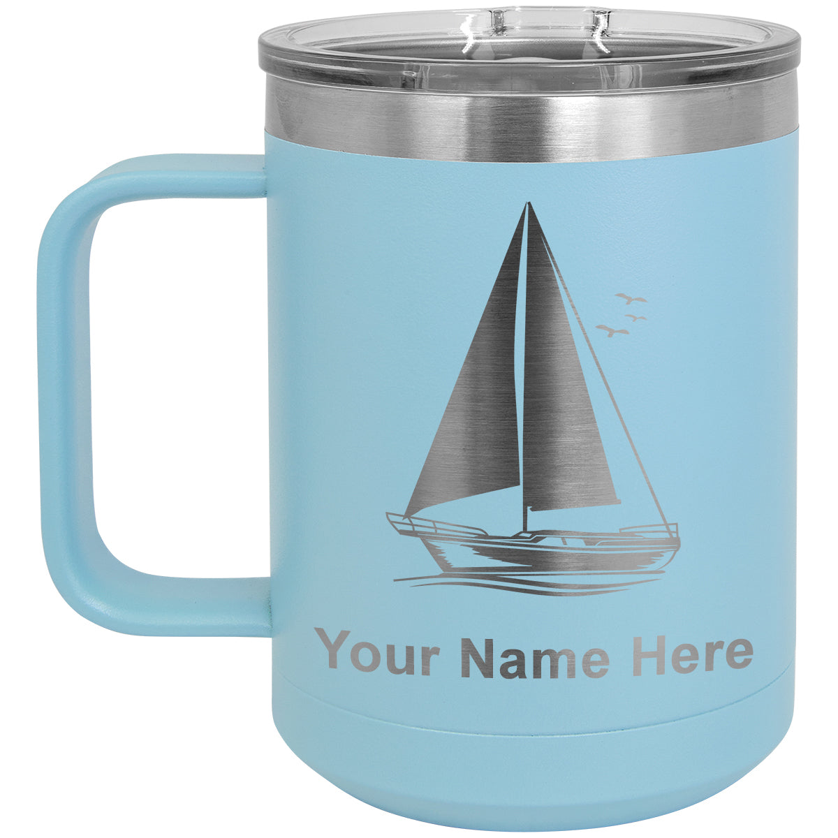 15oz Vacuum Insulated Coffee Mug, Sailboat, Personalized Engraving Included