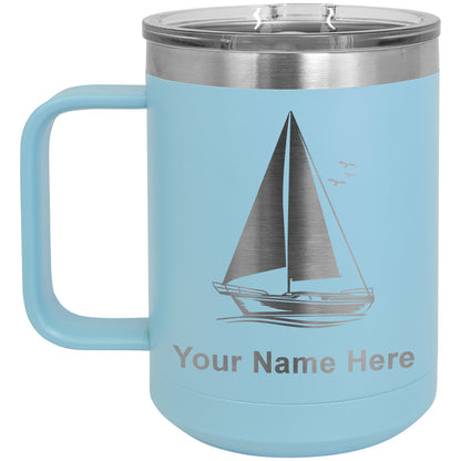 15oz Vacuum Insulated Coffee Mug, Sailboat, Personalized Engraving Included