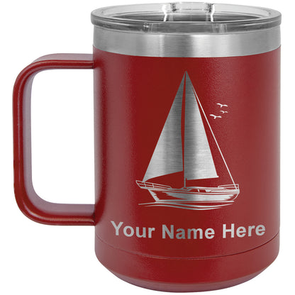 15oz Vacuum Insulated Coffee Mug, Sailboat, Personalized Engraving Included