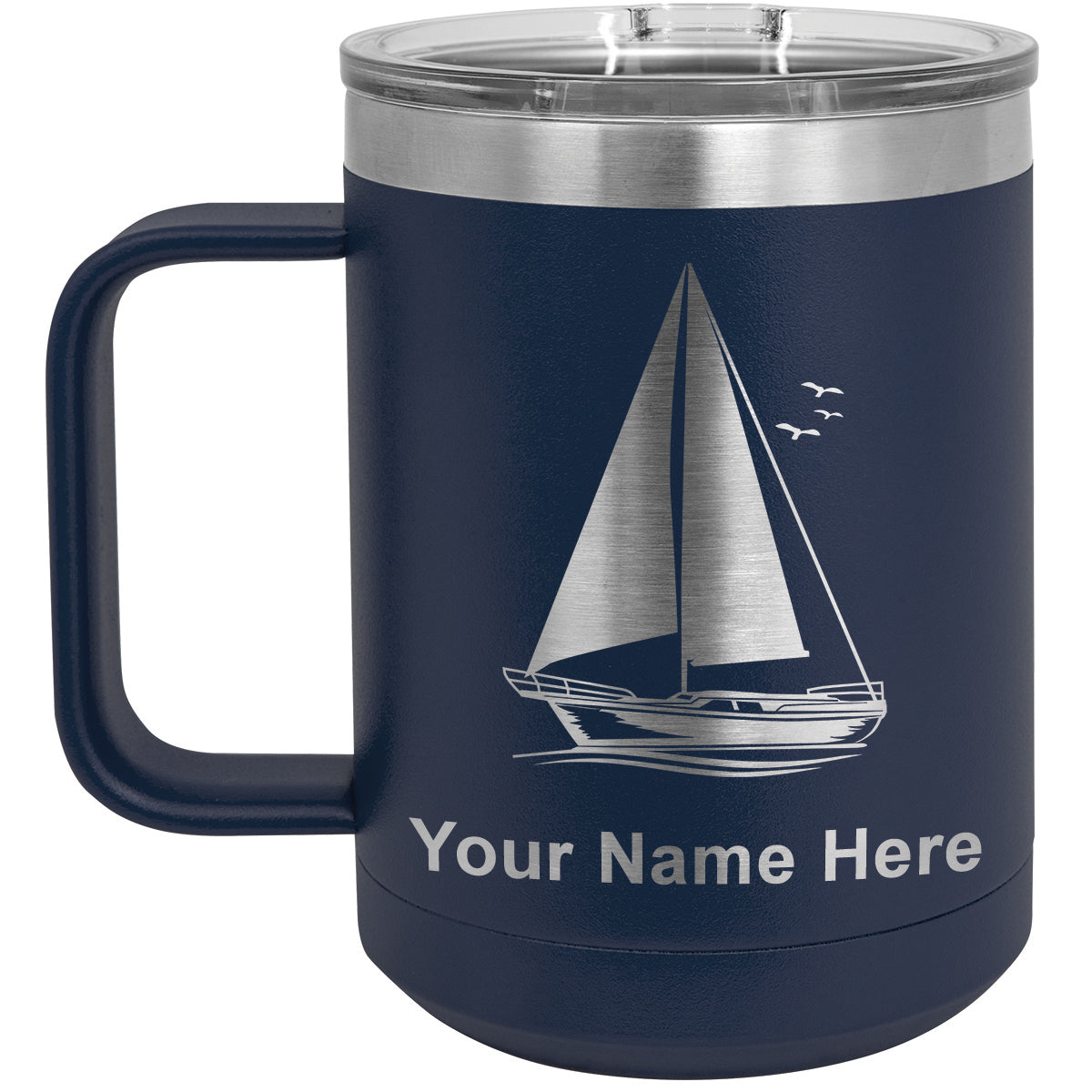 15oz Vacuum Insulated Coffee Mug, Sailboat, Personalized Engraving Included