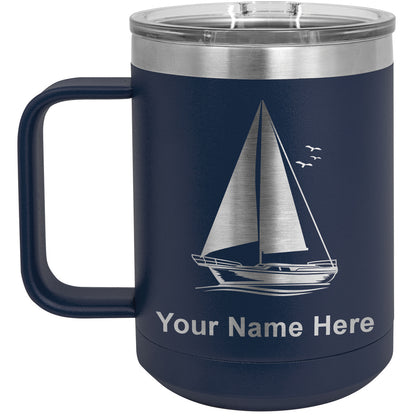15oz Vacuum Insulated Coffee Mug, Sailboat, Personalized Engraving Included