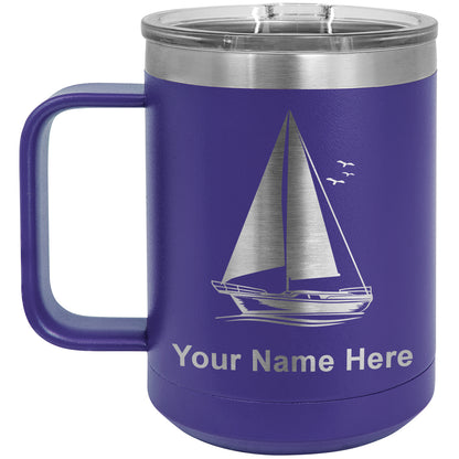 15oz Vacuum Insulated Coffee Mug, Sailboat, Personalized Engraving Included