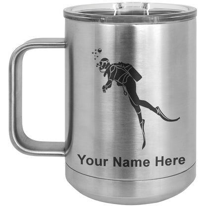 15oz Vacuum Insulated Coffee Mug, Scuba Diver, Personalized Engraving Included
