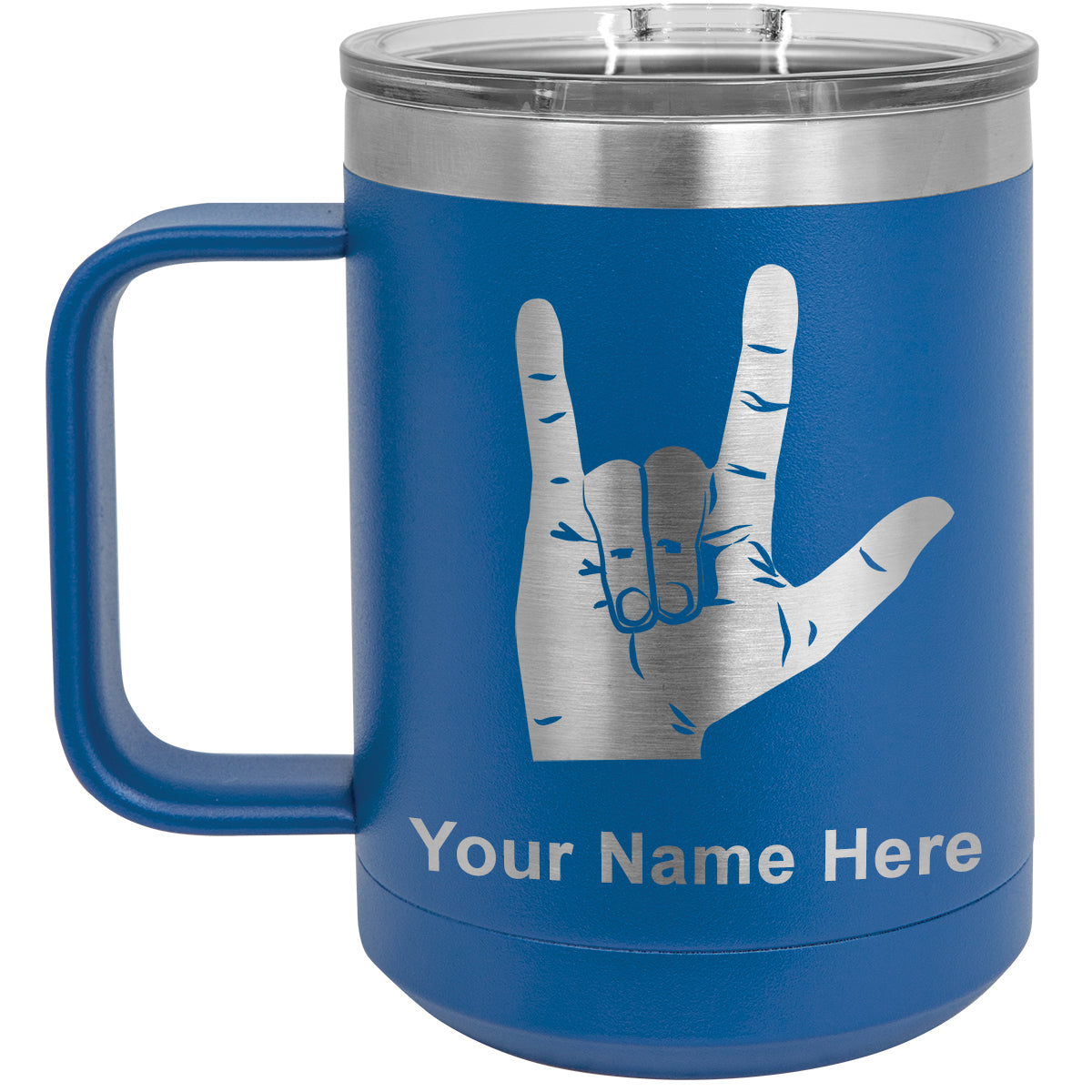 15oz Vacuum Insulated Coffee Mug, Sign Language I Love You, Personalized Engraving Included