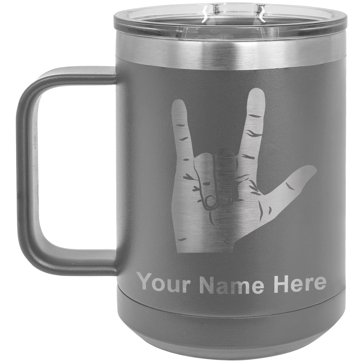 15oz Vacuum Insulated Coffee Mug, Sign Language I Love You, Personalized Engraving Included