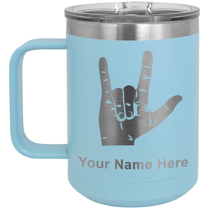 15oz Vacuum Insulated Coffee Mug, Sign Language I Love You, Personalized Engraving Included