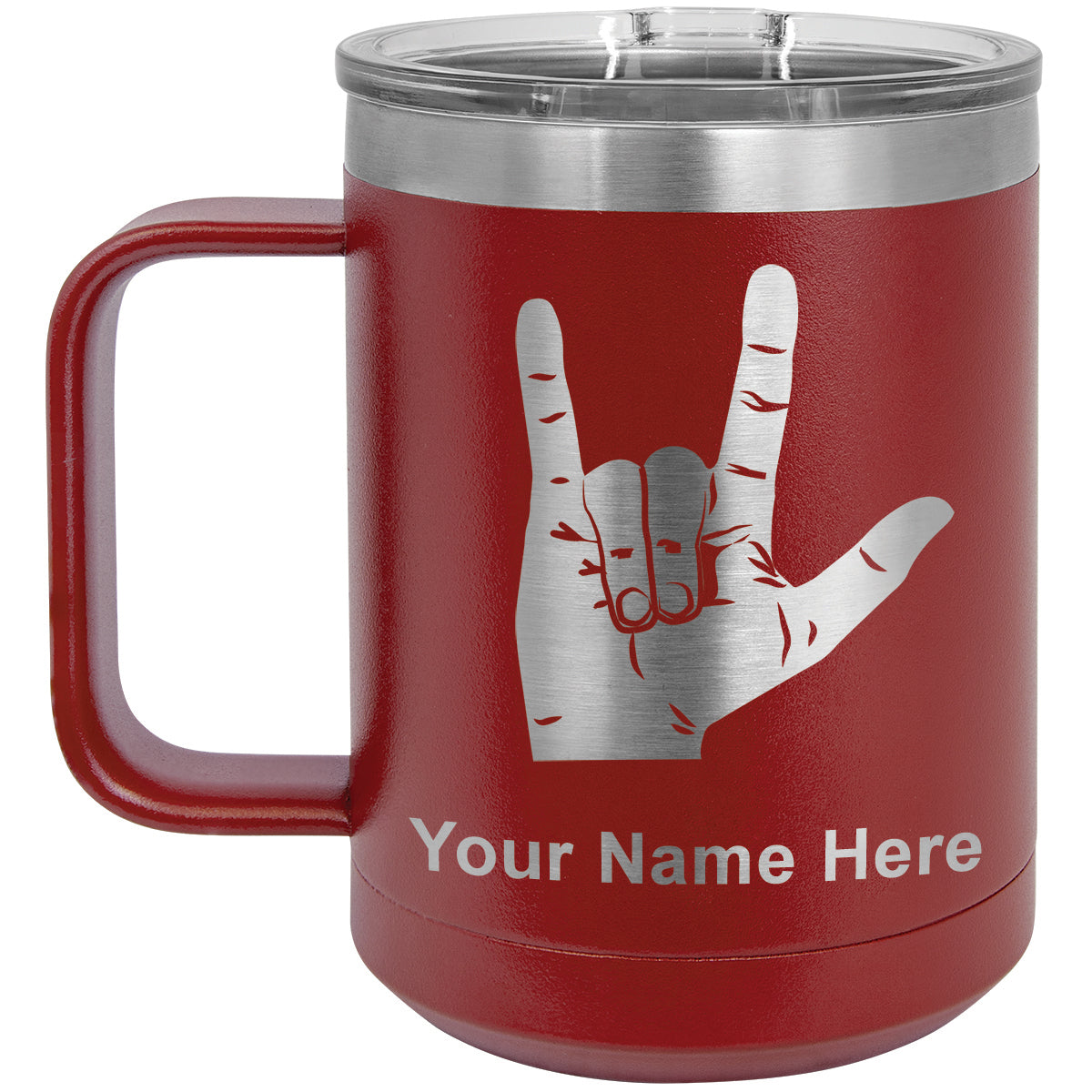 15oz Vacuum Insulated Coffee Mug, Sign Language I Love You, Personalized Engraving Included