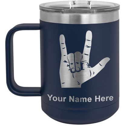 15oz Vacuum Insulated Coffee Mug, Sign Language I Love You, Personalized Engraving Included