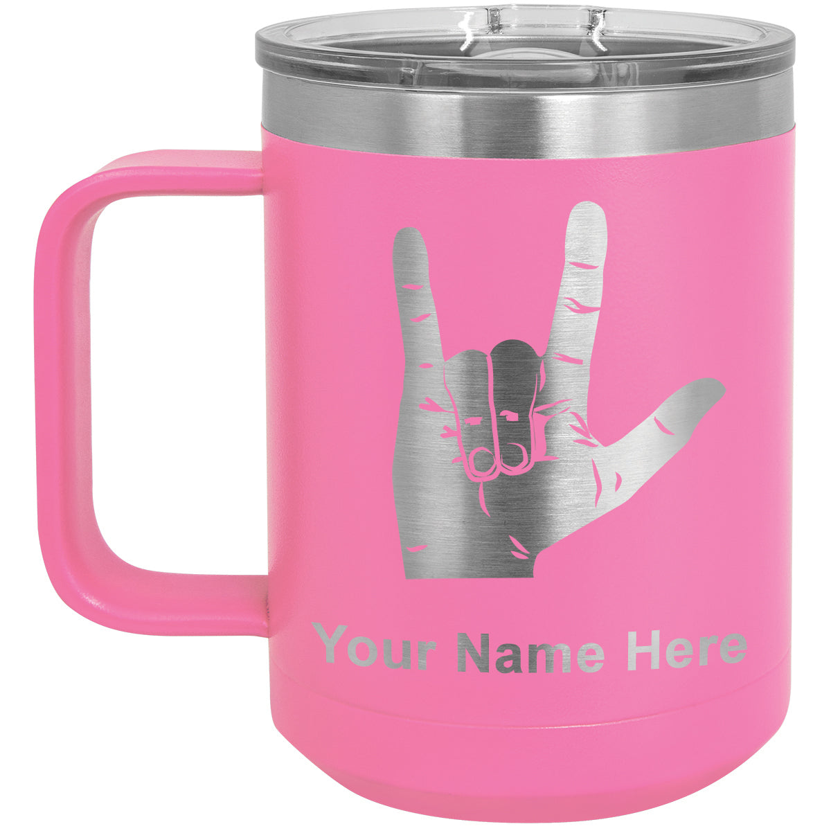 15oz Vacuum Insulated Coffee Mug, Sign Language I Love You, Personalized Engraving Included