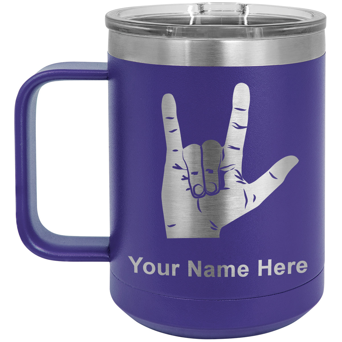 15oz Vacuum Insulated Coffee Mug, Sign Language I Love You, Personalized Engraving Included
