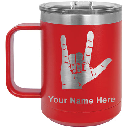 15oz Vacuum Insulated Coffee Mug, Sign Language I Love You, Personalized Engraving Included