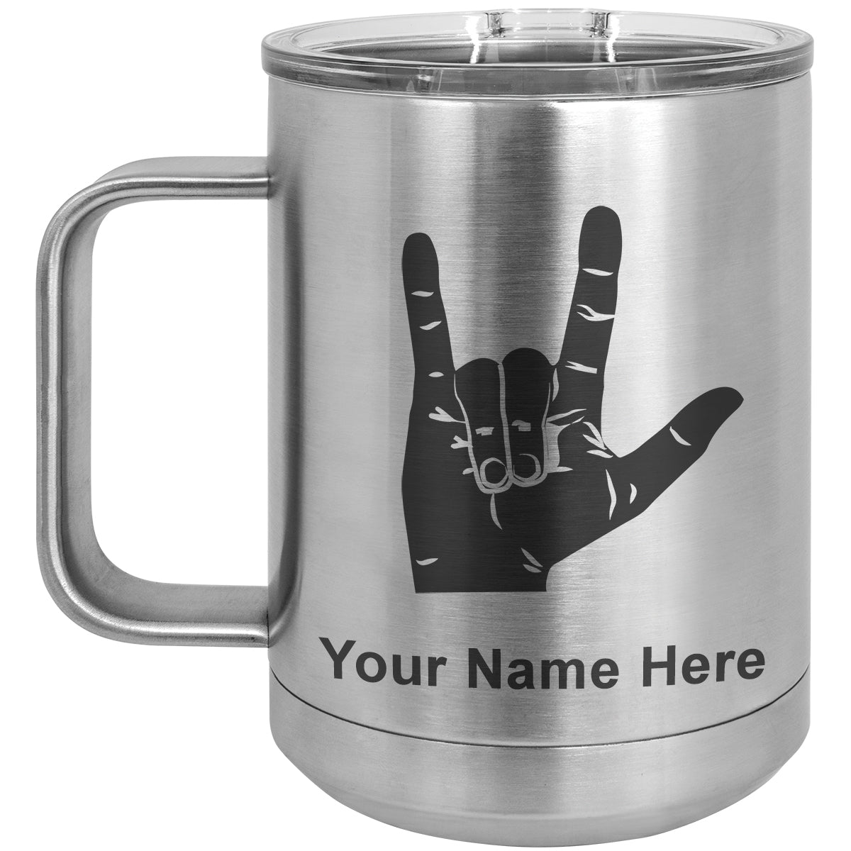 15oz Vacuum Insulated Coffee Mug, Sign Language I Love You, Personalized Engraving Included