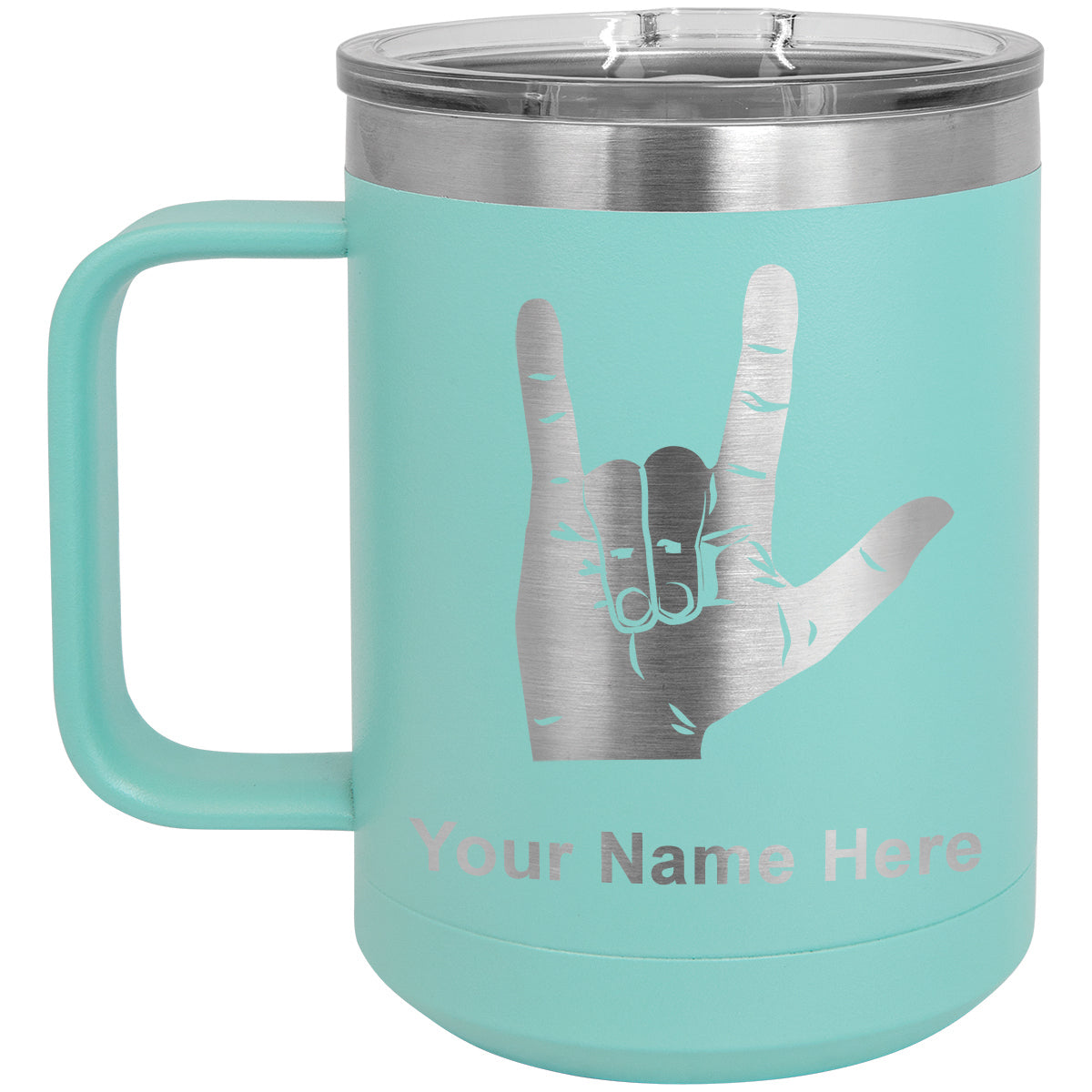 15oz Vacuum Insulated Coffee Mug, Sign Language I Love You, Personalized Engraving Included