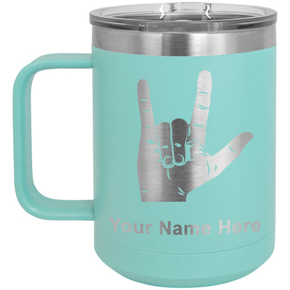 15oz Vacuum Insulated Coffee Mug, Sign Language I Love You, Personalized Engraving Included