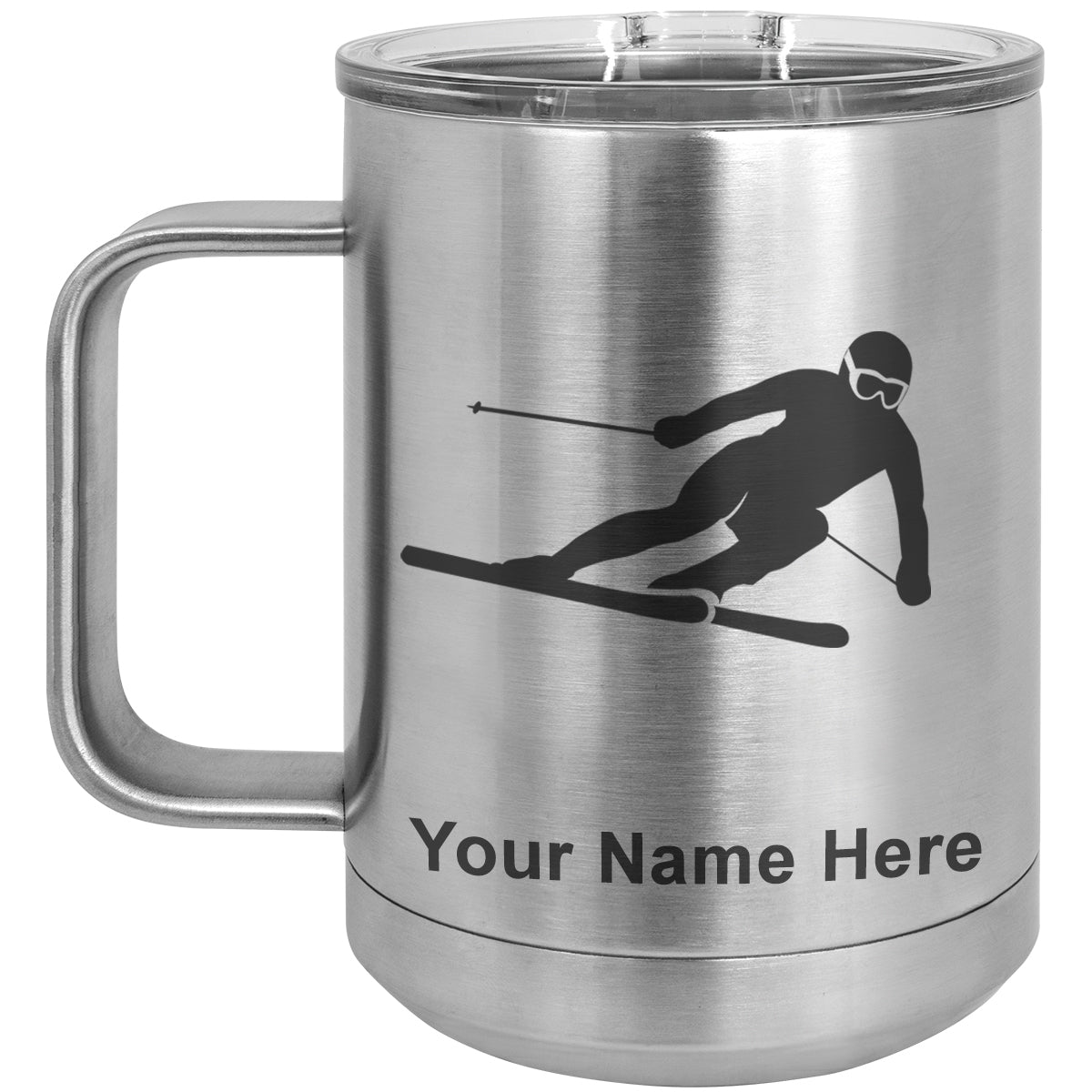 15oz Vacuum Insulated Coffee Mug, Skier Downhill, Personalized Engraving Included