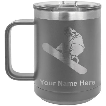 15oz Vacuum Insulated Coffee Mug, Snowboarder Man, Personalized Engraving Included