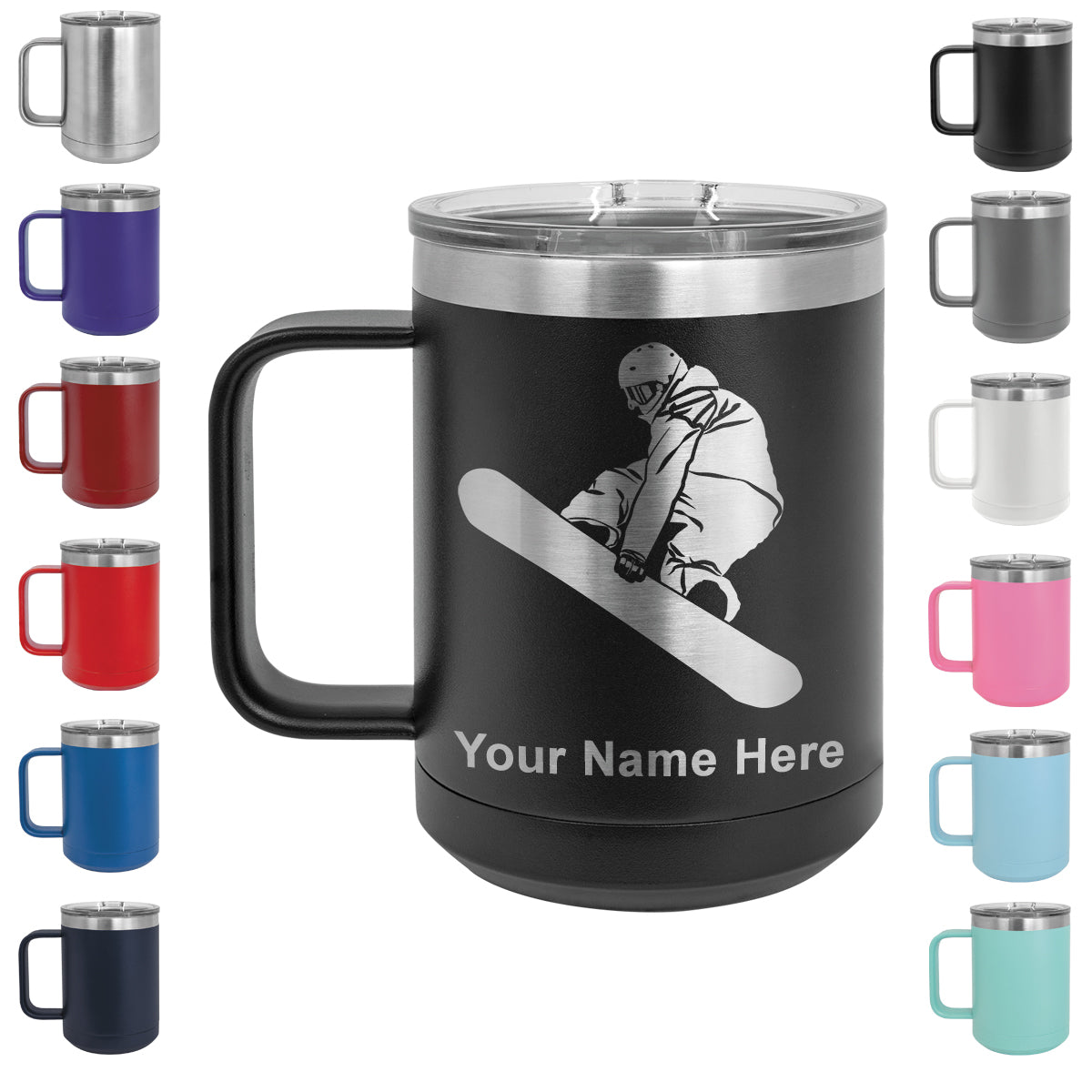 15oz Vacuum Insulated Coffee Mug, Snowboarder Man, Personalized Engraving Included
