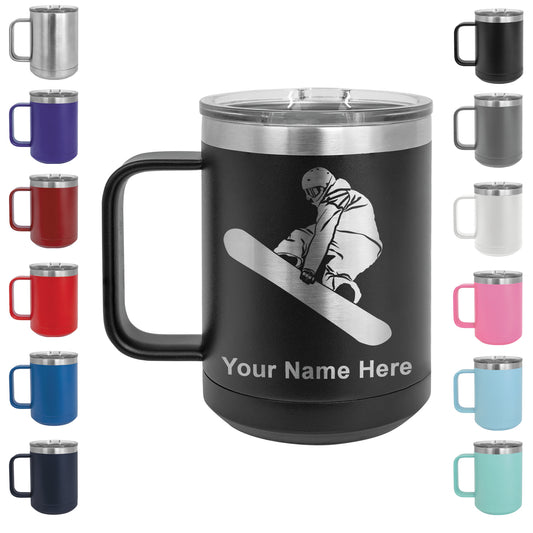 15oz Vacuum Insulated Coffee Mug, Snowboarder Man, Personalized Engraving Included