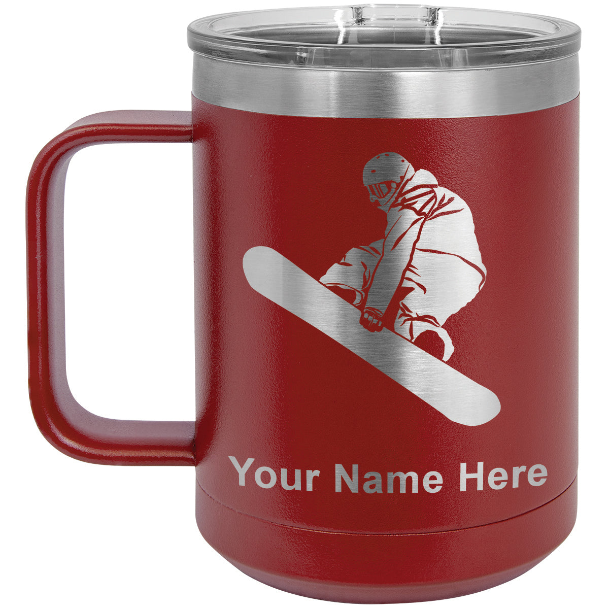 15oz Vacuum Insulated Coffee Mug, Snowboarder Man, Personalized Engraving Included