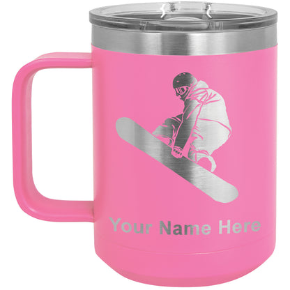 15oz Vacuum Insulated Coffee Mug, Snowboarder Man, Personalized Engraving Included