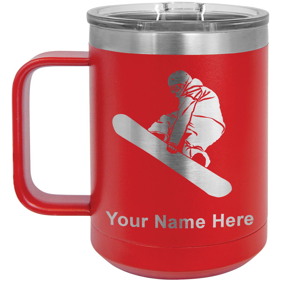 15oz Vacuum Insulated Coffee Mug, Snowboarder Man, Personalized Engraving Included