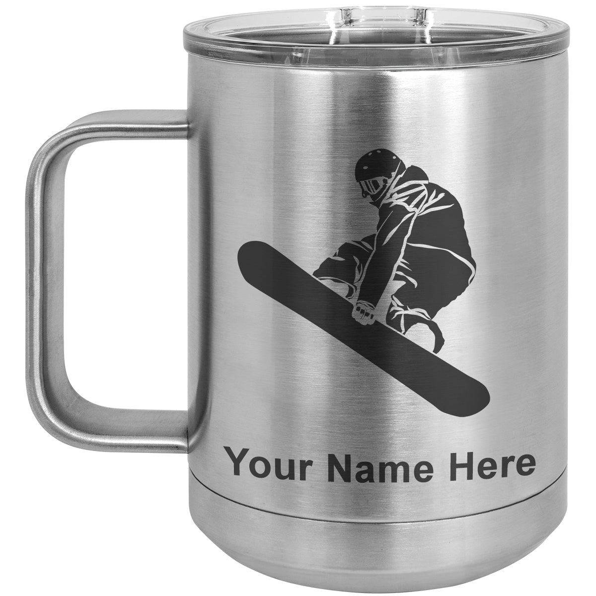 15oz Vacuum Insulated Coffee Mug, Snowboarder Man, Personalized Engraving Included