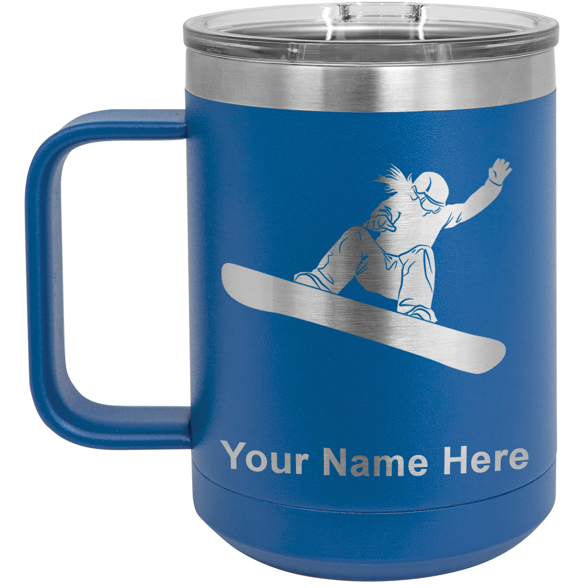 15oz Vacuum Insulated Coffee Mug, Snowboarder Woman, Personalized Engraving Included