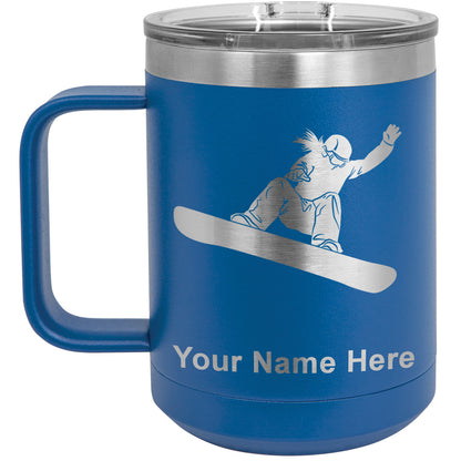 15oz Vacuum Insulated Coffee Mug, Snowboarder Woman, Personalized Engraving Included