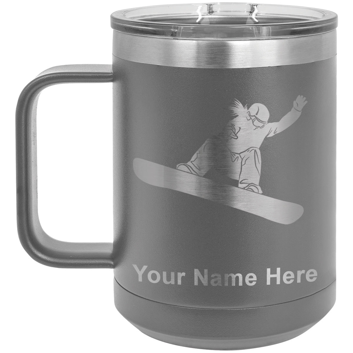 15oz Vacuum Insulated Coffee Mug, Snowboarder Woman, Personalized Engraving Included