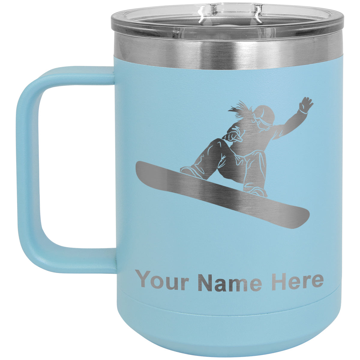 15oz Vacuum Insulated Coffee Mug, Snowboarder Woman, Personalized Engraving Included