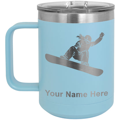 15oz Vacuum Insulated Coffee Mug, Snowboarder Woman, Personalized Engraving Included