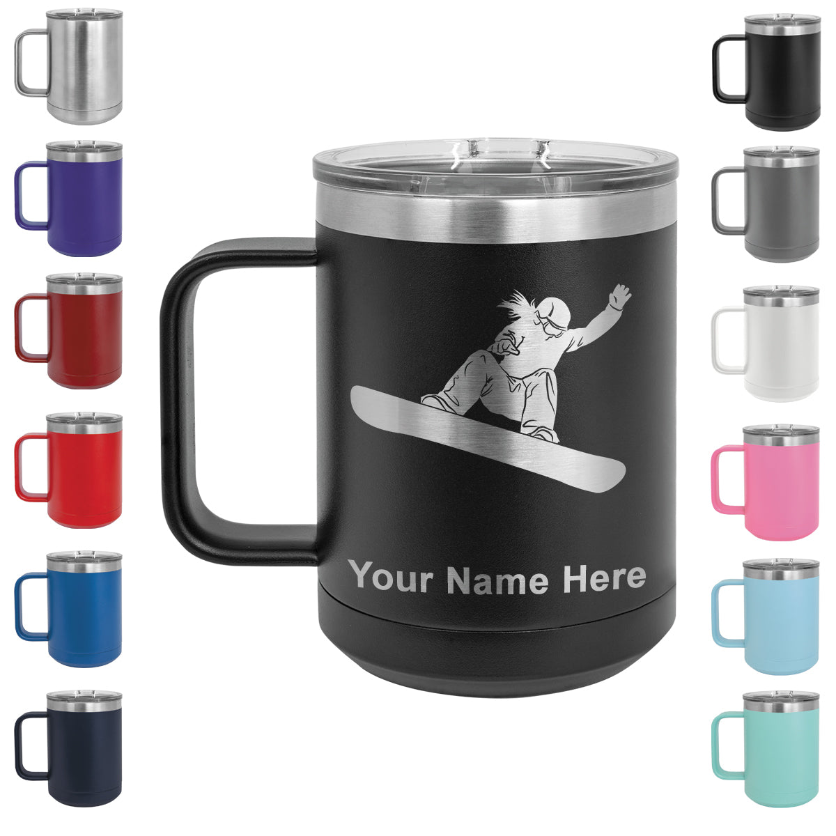 15oz Vacuum Insulated Coffee Mug, Snowboarder Woman, Personalized Engraving Included