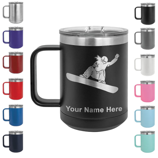 15oz Vacuum Insulated Coffee Mug, Snowboarder Woman, Personalized Engraving Included