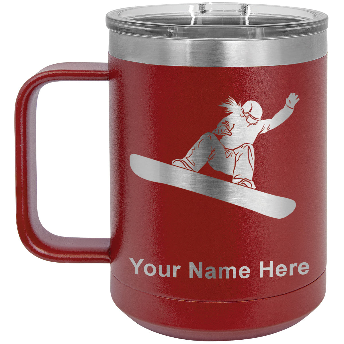 15oz Vacuum Insulated Coffee Mug, Snowboarder Woman, Personalized Engraving Included
