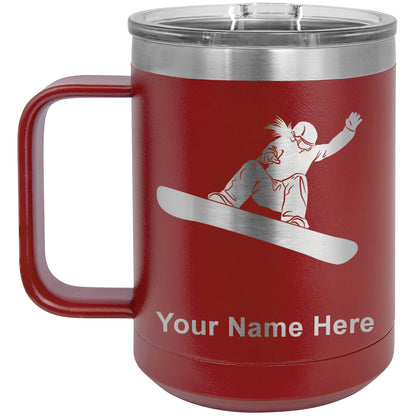 15oz Vacuum Insulated Coffee Mug, Snowboarder Woman, Personalized Engraving Included