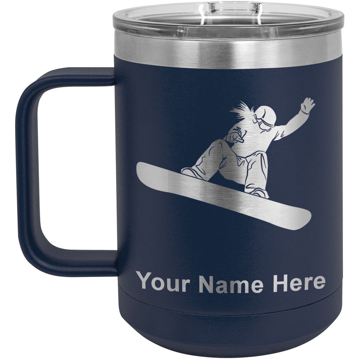 15oz Vacuum Insulated Coffee Mug, Snowboarder Woman, Personalized Engraving Included