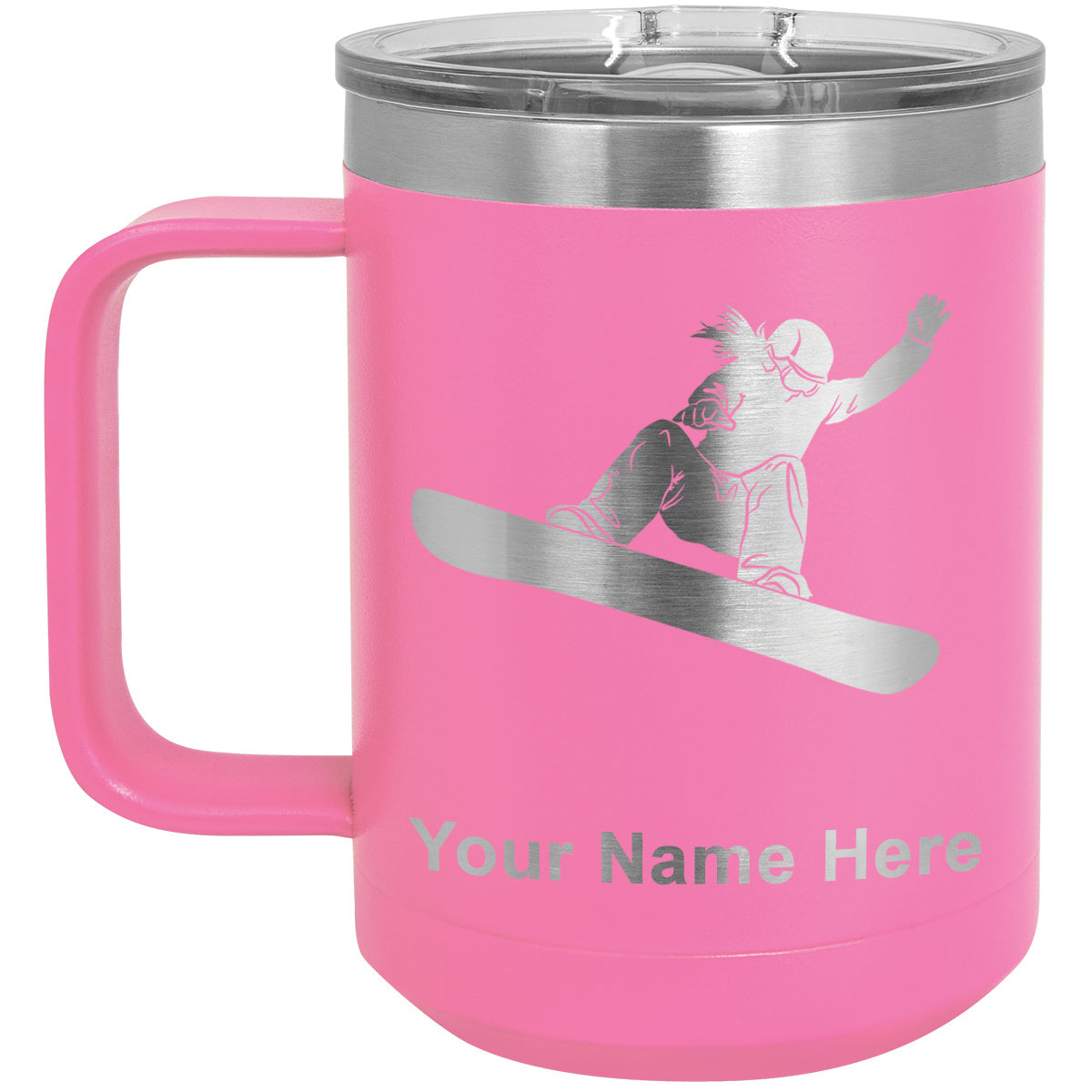 15oz Vacuum Insulated Coffee Mug, Snowboarder Woman, Personalized Engraving Included