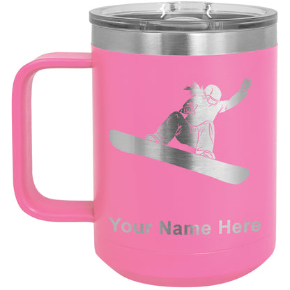15oz Vacuum Insulated Coffee Mug, Snowboarder Woman, Personalized Engraving Included