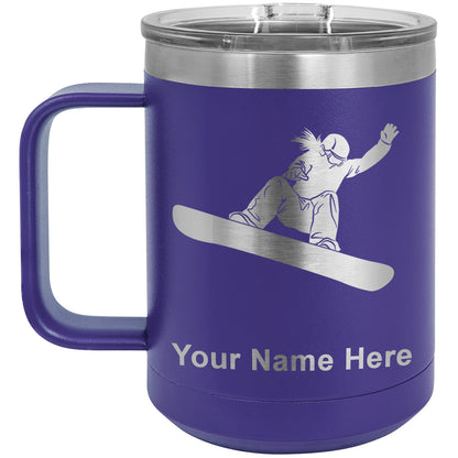 15oz Vacuum Insulated Coffee Mug, Snowboarder Woman, Personalized Engraving Included