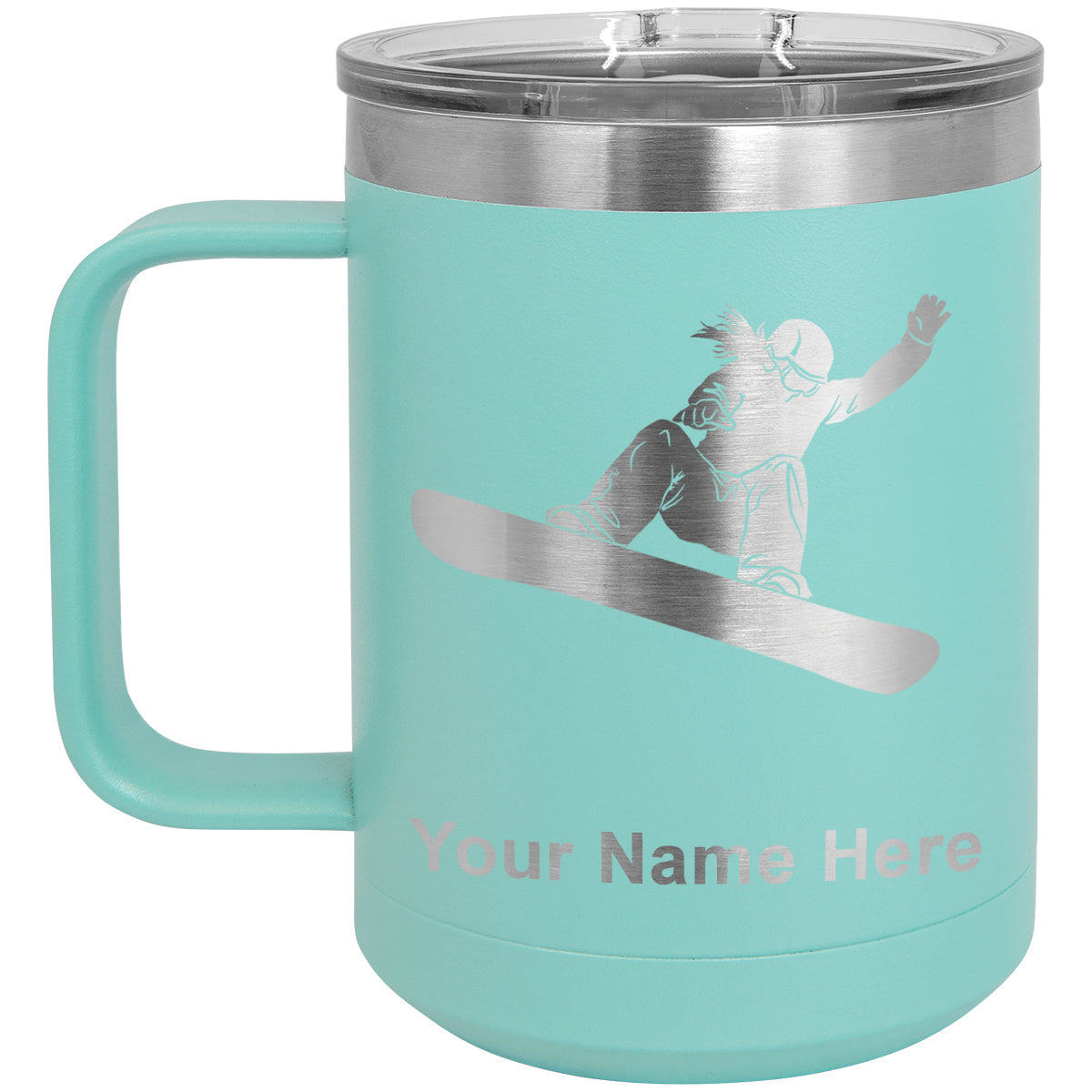 15oz Vacuum Insulated Coffee Mug, Snowboarder Woman, Personalized Engraving Included